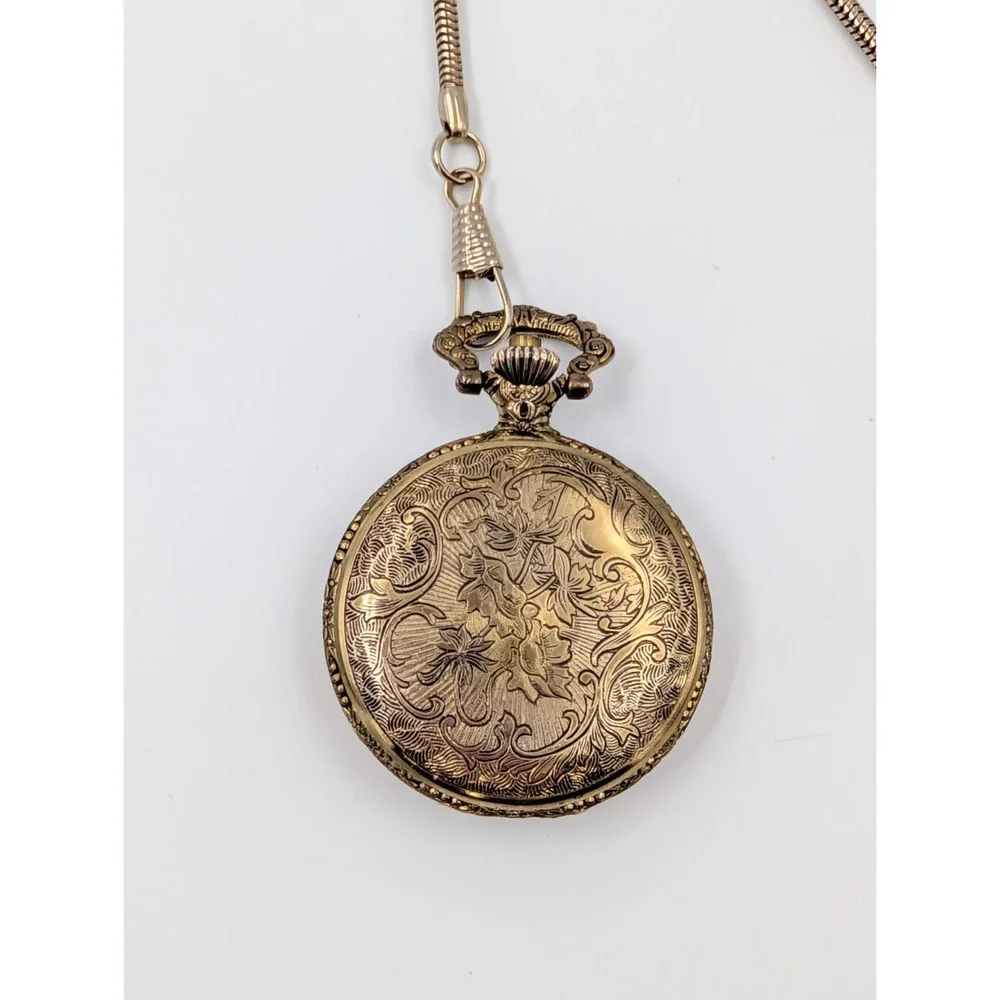 Vintage Train Pocket Watch Gold Tone Steam Engine‎ Snake Chain Steampunk